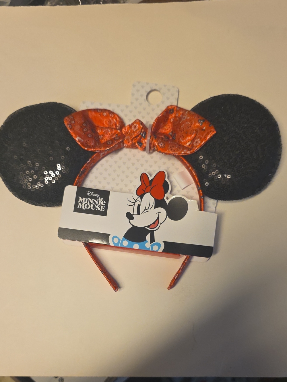 Disney Minnie Mouse Black Sequin Ear Headband with Orange Bow
